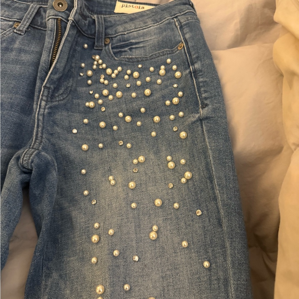 pistola Light Blue Skinny Jeans with Pearl & Rhinestone Accents